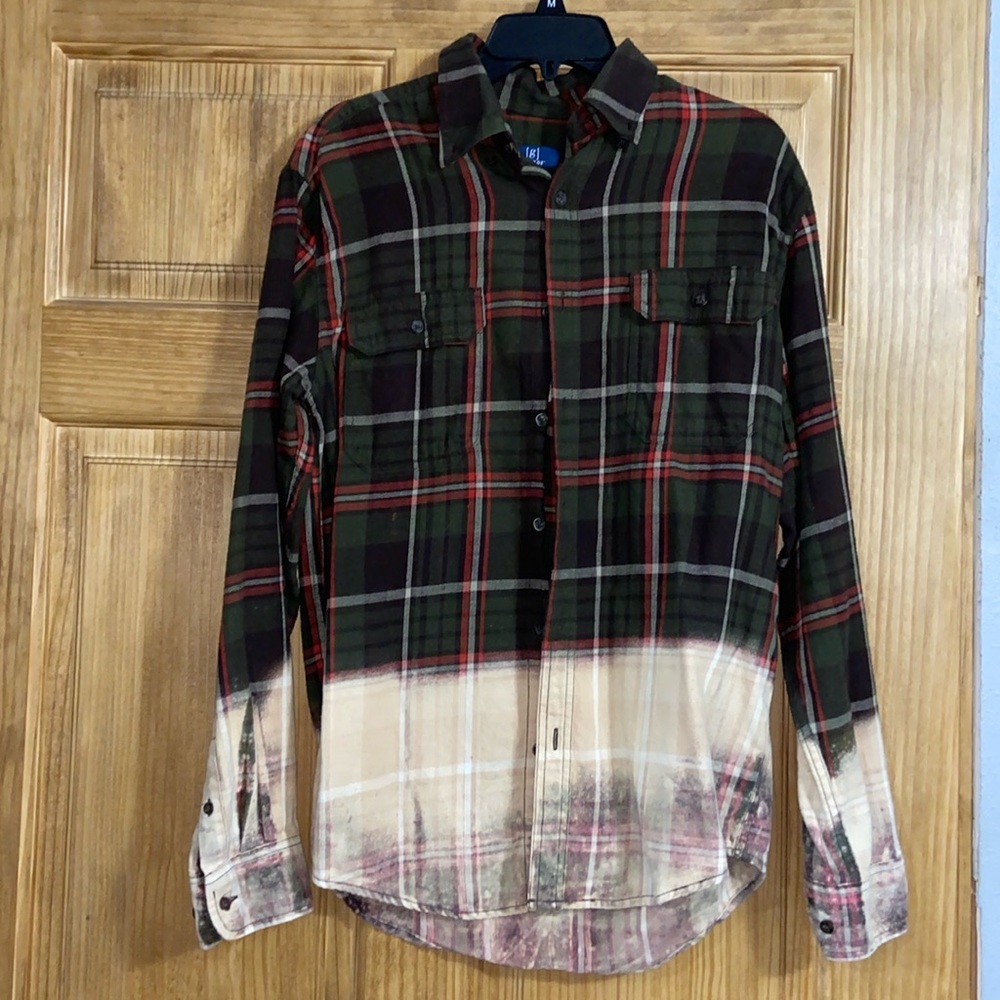 Green plaid flannel with bleached ombre and deer head design on back